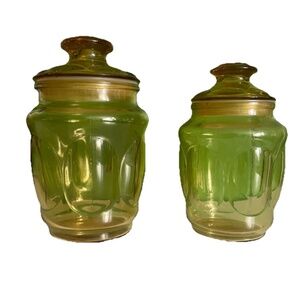 2 SET - LE Smith Vintage Amber Glass Thumbprint Canister Apothecary Jars w Lid